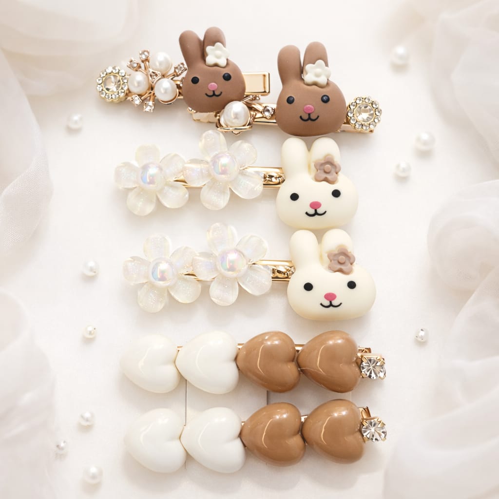 Kids Cute Bunny & Flower Hair Clips Set | Pearl & Heart Hair Accessories for Girls (6 Pairs)