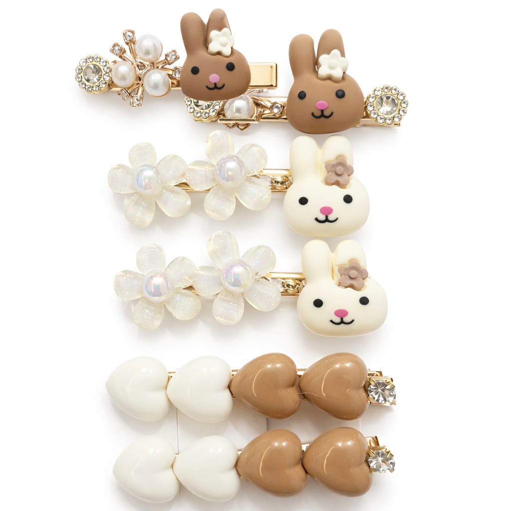 Kids Cute Bunny & Flower Hair Clips Set | Pearl & Heart Hair Accessories for Girls (6 Pairs)